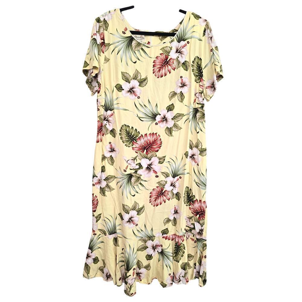VTG Hawaiian Hibiscus Monstera Print Midi Dress 2XL Butter Yellow Ruffle Hem USA
